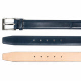 Meermin azul shell  cordovan  : se muestra el cinturón desde la parte superior hasta la inferior, con el extremo de la hebilla, los agujeros perforados y el reverso de cuero natural cuero a la vista